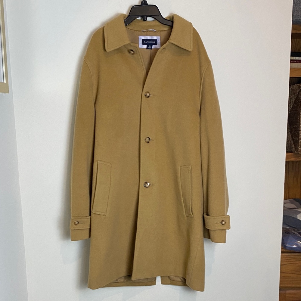Lands End Camel Golden Tan Wool Cashmere Trench Coat Size 38